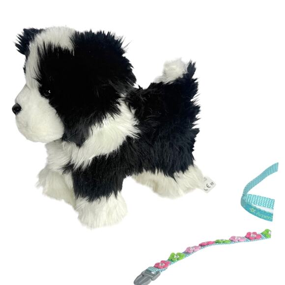 American Girl Sheep Dog Pet Plush Flower Collar Leash Black White Faux Fur Puppy - Picture 7 of 13